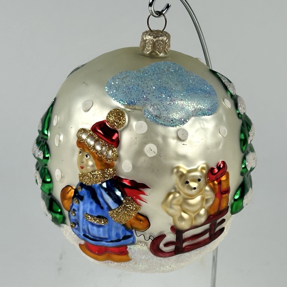 Poland 3D Boy W/Sled Bear Glass Christmas Jumbo Ornament 4.5"
